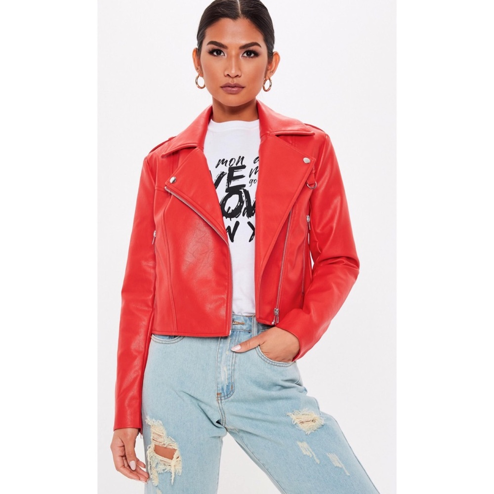 red ultimate boxy faux leather biker jacket
